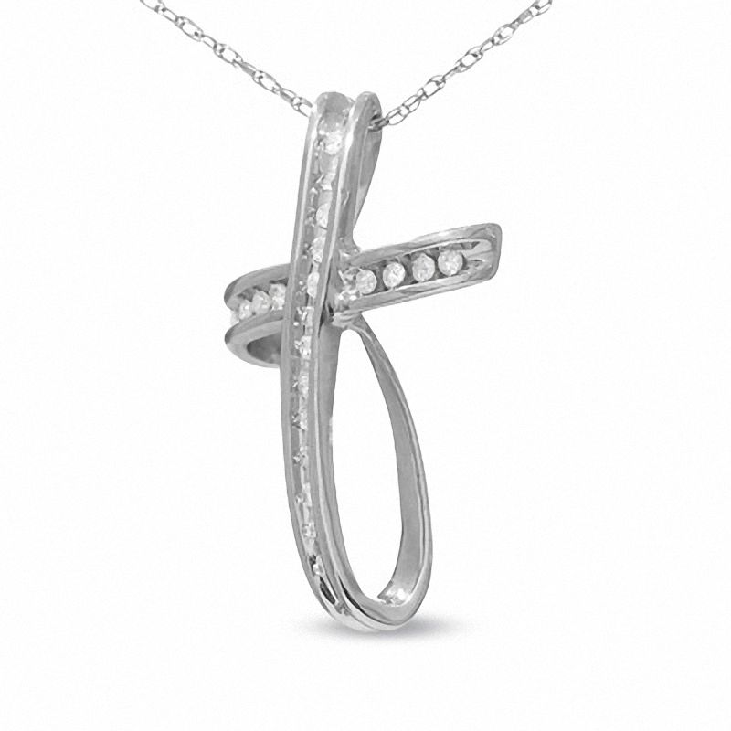 Main Image 1 of 0.13 CT. T.W. Diamond Loop Cross Pendant in 10K White Gold