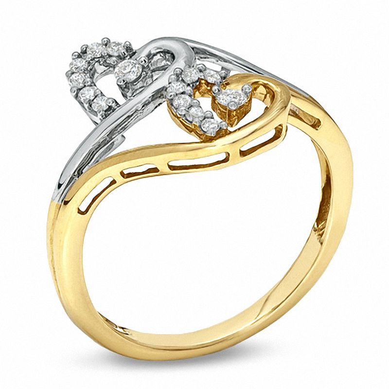 Main Image 2 of 0.15 CT. T.W. Diamond Twin Heart Vine Ring in 10K Two-Tone Gold
