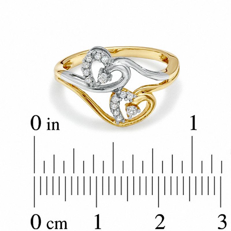 Main Image 3 of 0.15 CT. T.W. Diamond Twin Heart Vine Ring in 10K Two-Tone Gold