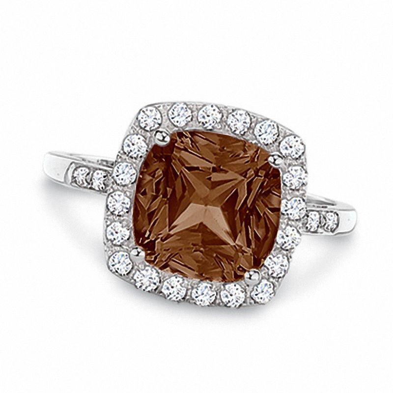 Cushion-Cut Smoky Quartz and Lab-Created White Sapphire Ring in 10K White Gold with Diamond Accents