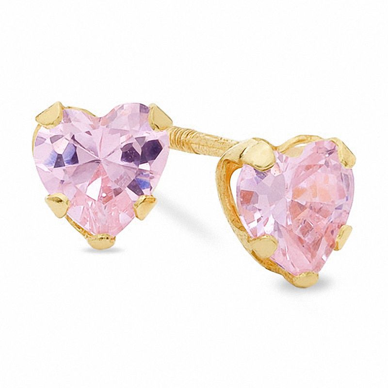 Child's 4.0mm Heart-Shaped Pink Cubic Zirconia Stud Earrings in 14K Gold