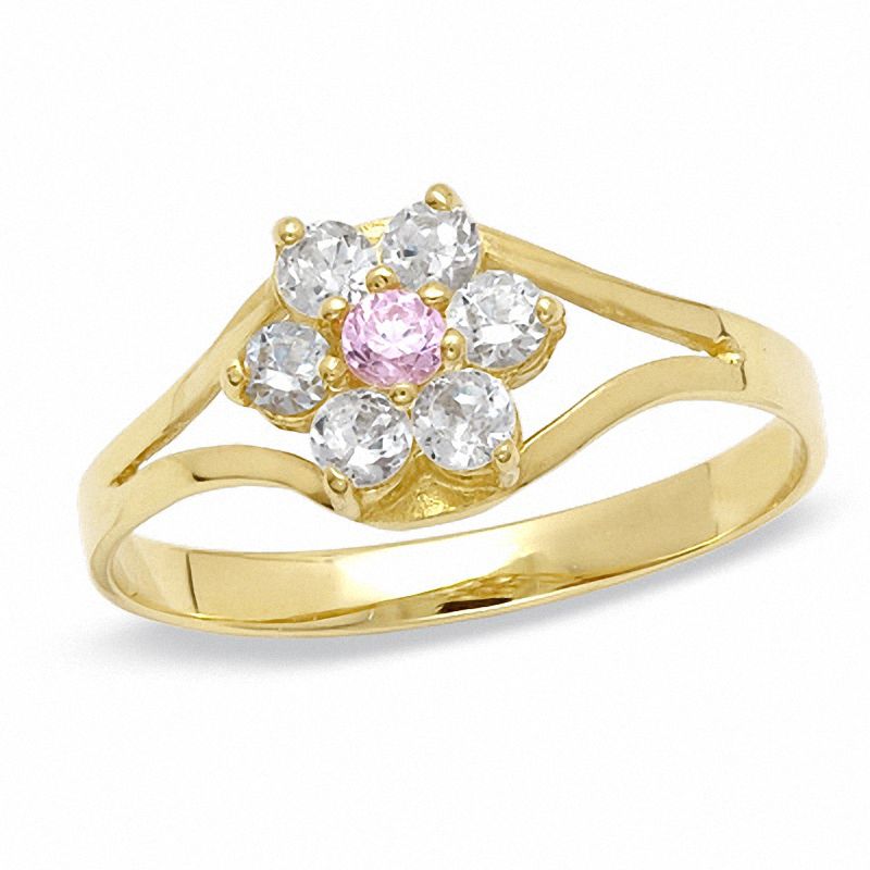 Childs' Pink and White Cubic Zirconia Flower Ring in 10K Gold - Size 3