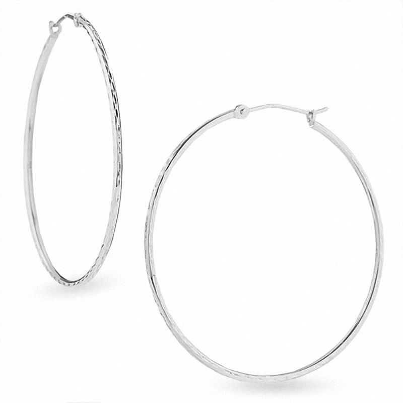 14K White Gold 40mm Diamond Cut Hinged Hoop Earrings