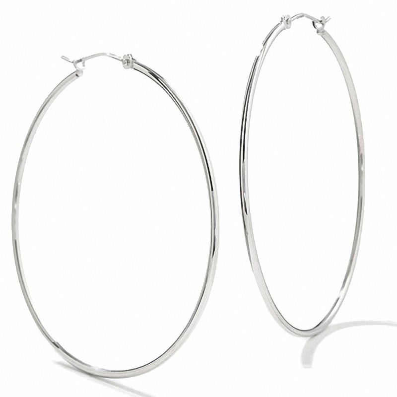 14K White Gold 47mm Polished Hinged Hoop Earrings