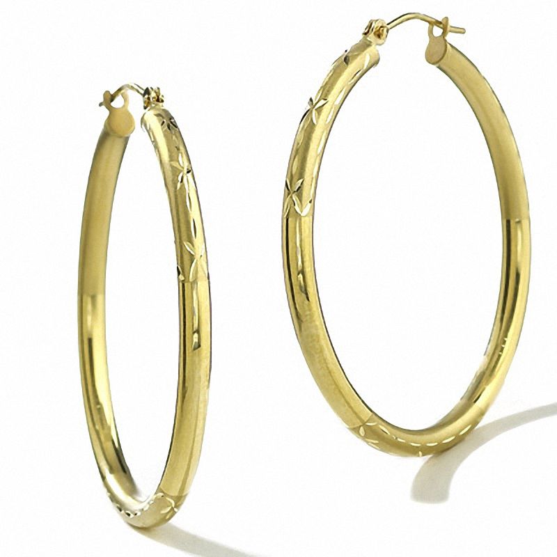 Main Image 1 of 14K Gold 35mm Satin and Diamond Cut Hoop Earrings