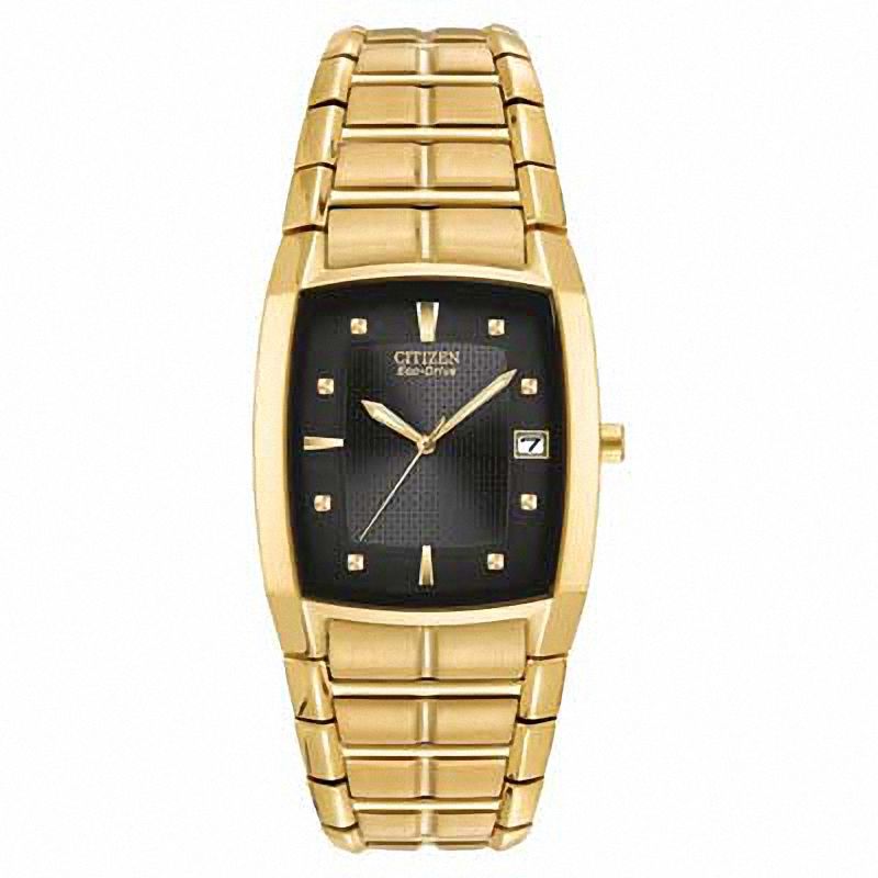 Men's Citizen Eco-DriveÂ® Gold-Tone Watch with Tonneau Black Dial (Model: BM6552-52E)