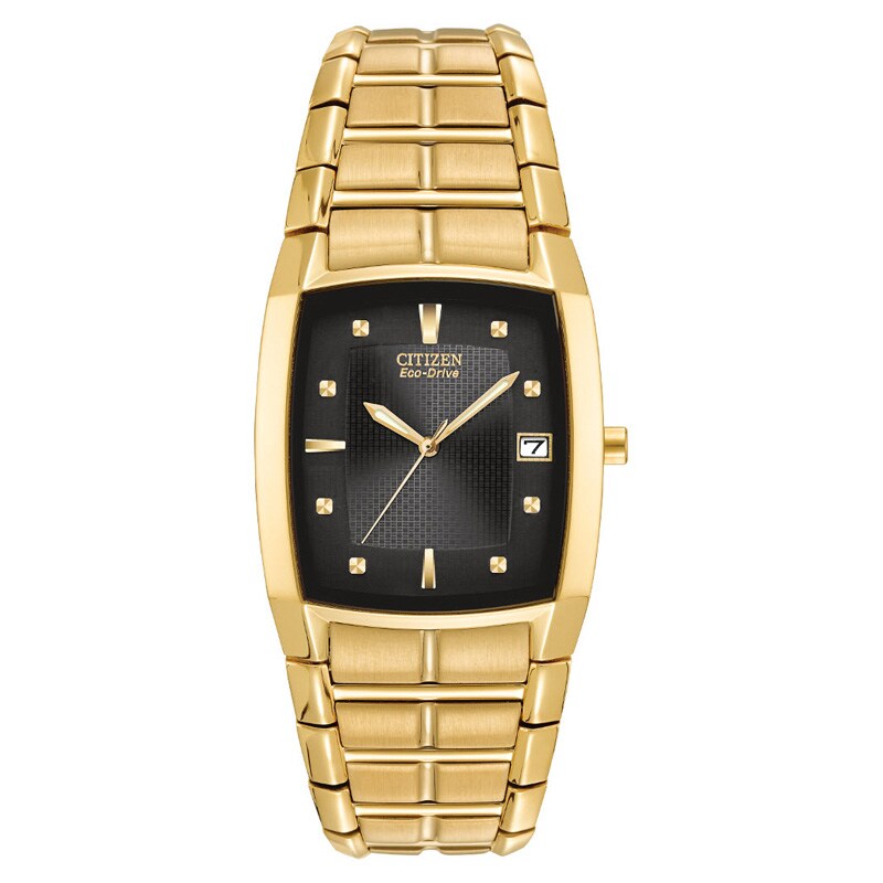 Main Image 1 of Men's Citizen Eco-Drive® Gold-Tone Watch with Tonneau Black Dial (Model: BM6552-52E)