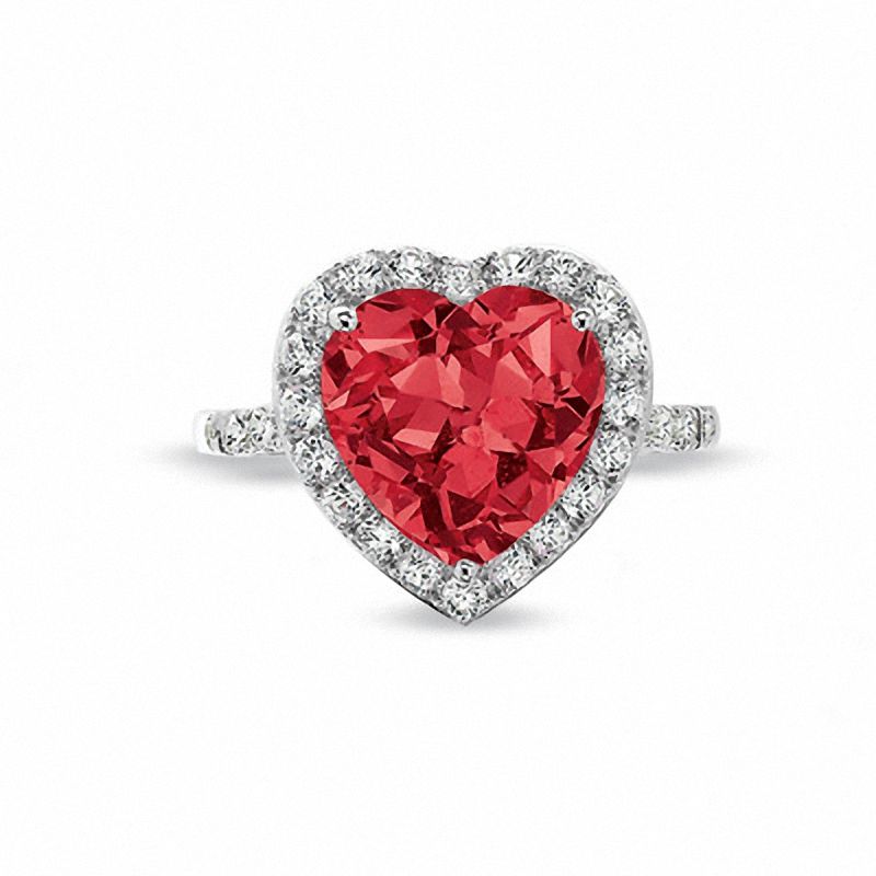 Main Image 1 of 11.0mm Heart-Shaped Lab-Created Ruby Frame Ring with White Sapphire and Diamond Accents in 10K White Gold