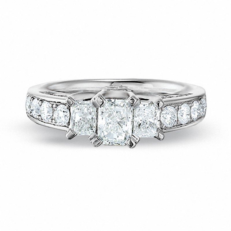 1.50 CT. T.W. Certified Radiant Cut Diamond Three Stone Ring in 14K White Gold