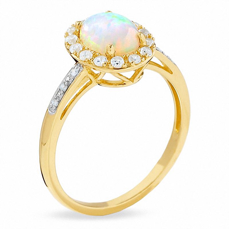 Oval Lab-Created Opal and White Sapphire Ring in 14K Gold with Diamond Accents