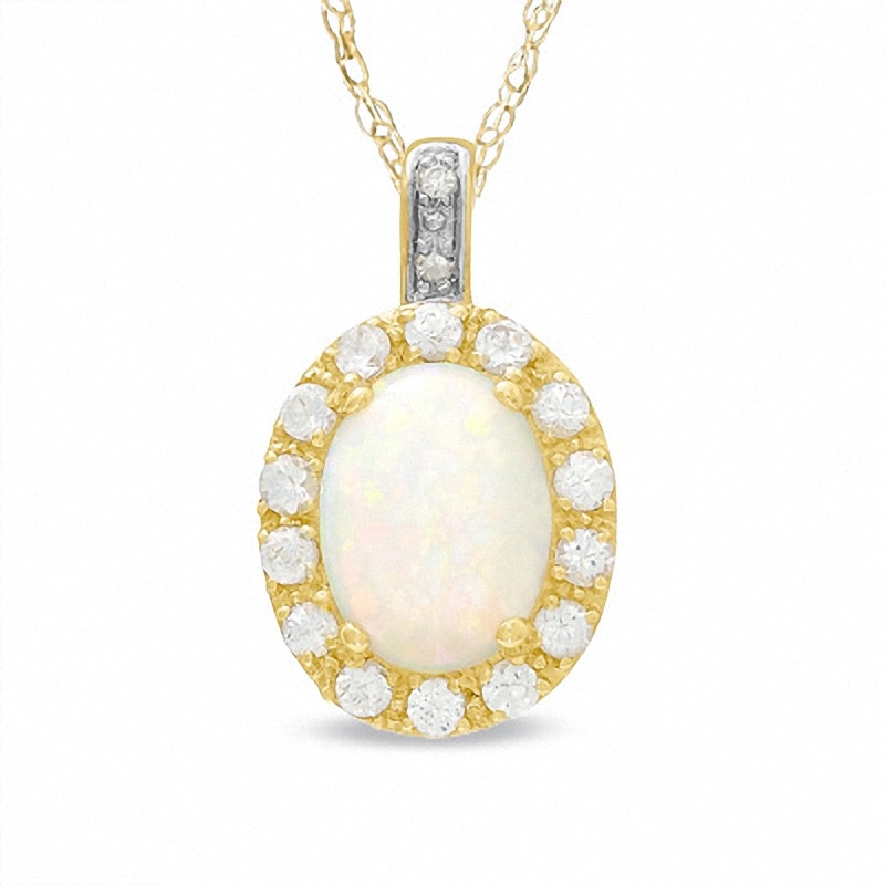 Oval Lab-Created Opal and White Sapphire Pendant in 10K Gold with Diamond Accents