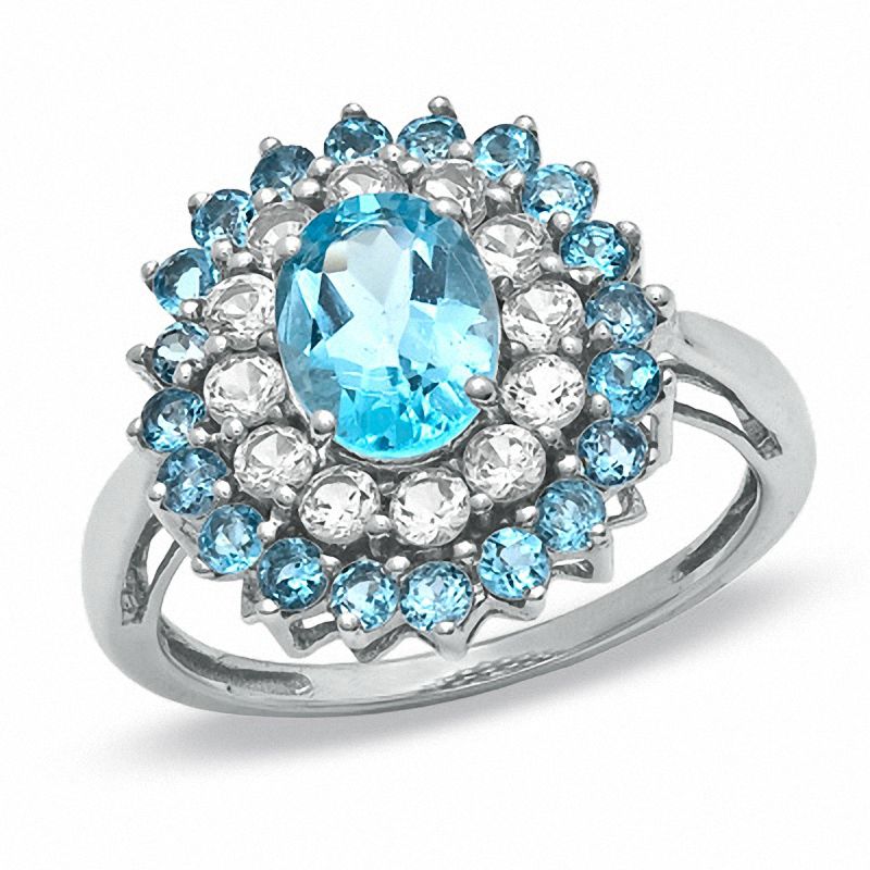 Main Image 1 of Oval Blue Topaz and Lab-Created White Sapphire Ring in 10K Gold