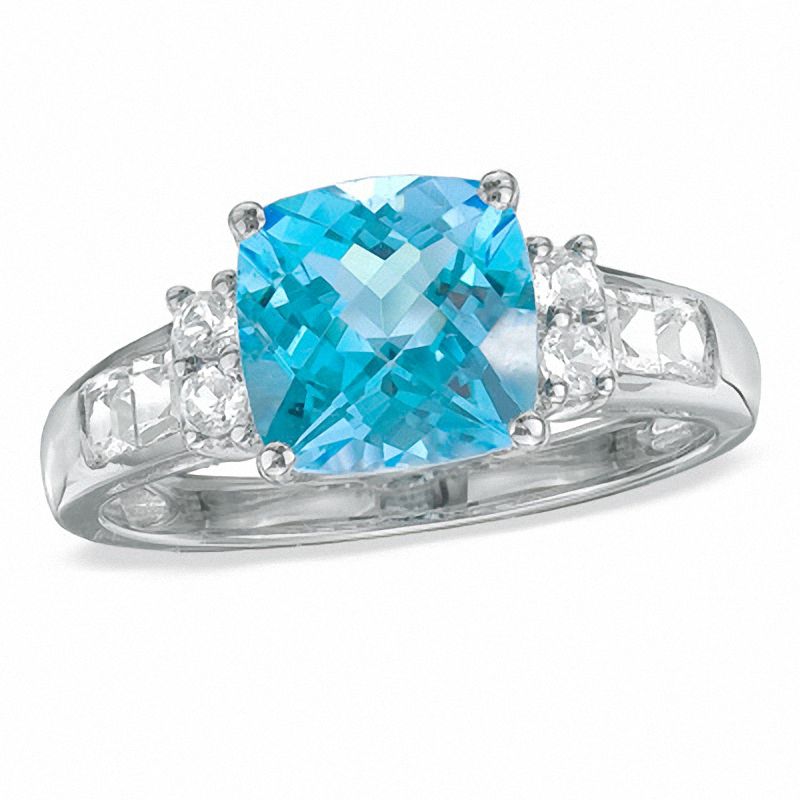 Cushion-Cut Blue and White Topaz Ring in 10K White Gold|Peoples Jewellers