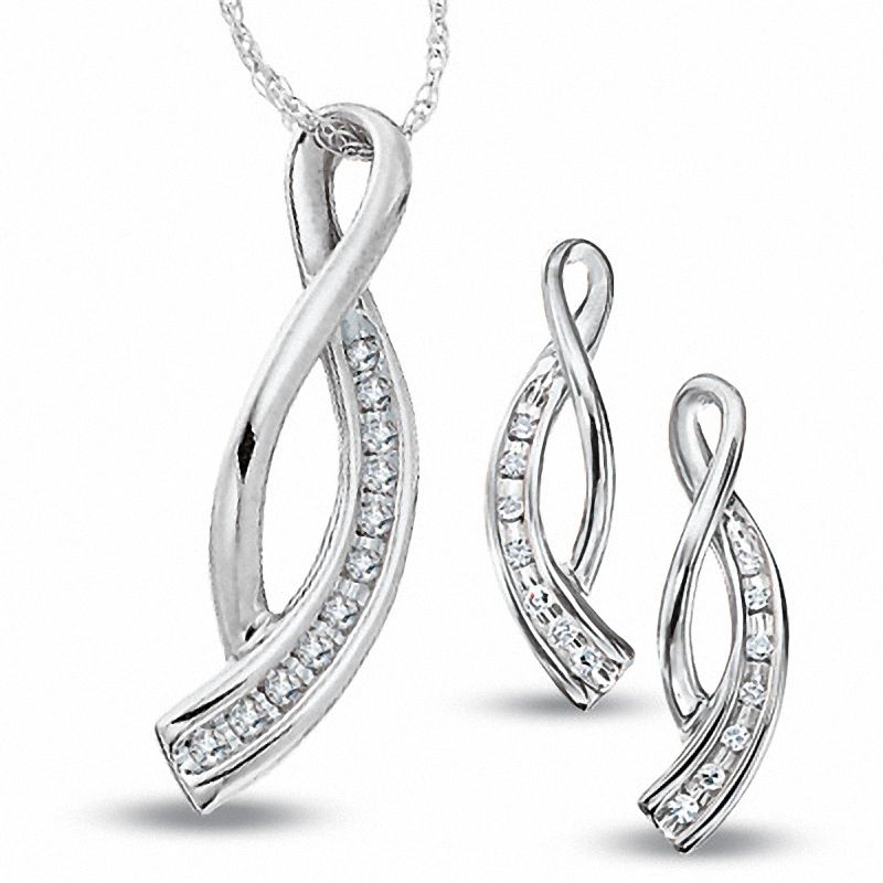 Main Image 1 of 0.10 CT. T.W. Journey Diamond Twist Pendant and Earrings Set in 10K White Gold