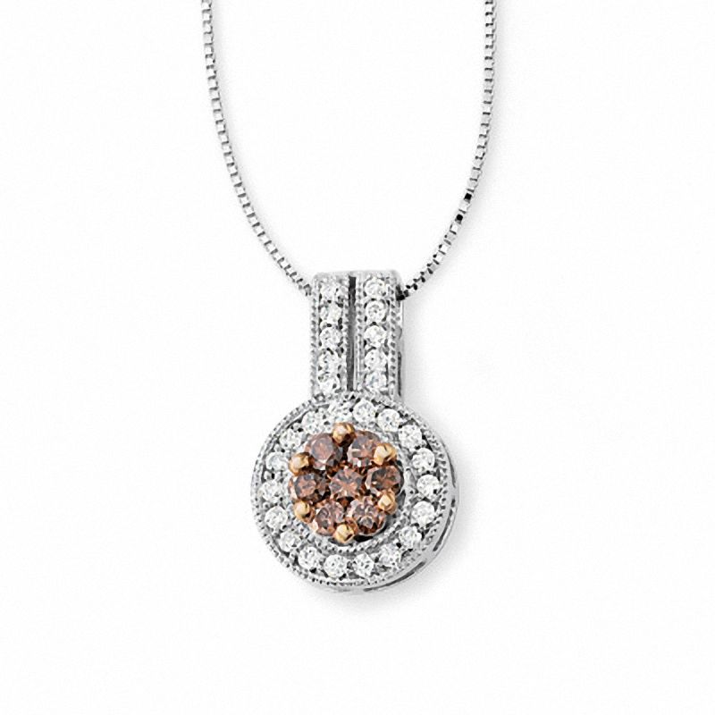 Main Image 1 of 0.60 CT. T.W. Champagne and White Diamond Love Circle Drop Pendant in 14K White Gold