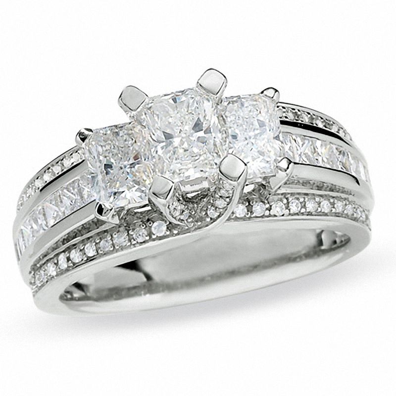 Main Image 1 of 1.75 CT. T.W. Certified Radiant Cut Diamond Three Stone Ring in 14K White Gold