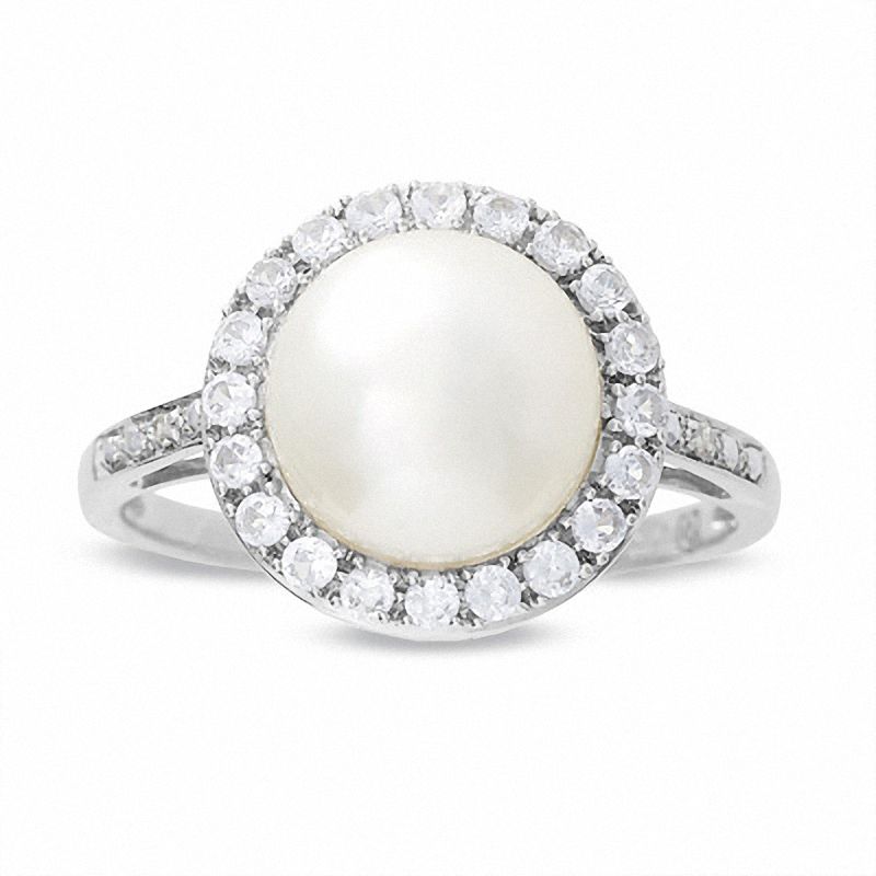 Cultured Freshwater Pearl and Lab-Created White Sapphire Ring with Diamond Accents in 10K White Gold