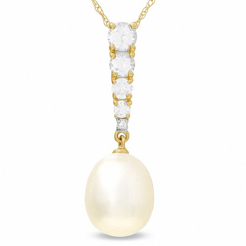 Cultured Freshwater Pearl Drop Pendant with Lab-Created White Sapphires and Diamond Accent in 10K Gold|Peoples Jewellers