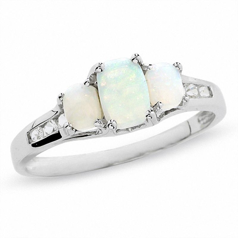 Emerald-Cut Opal Three-Stone Ring in 14K White Gold with White Topaz Accents