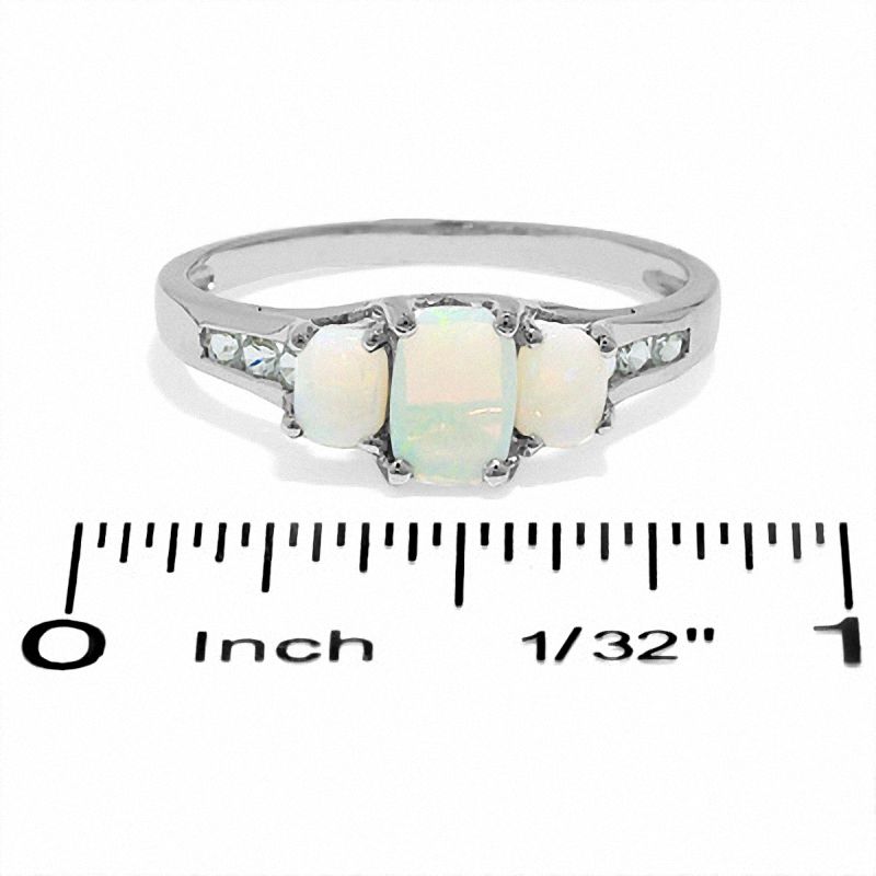 Emerald-Cut Opal Three-Stone Ring in 14K White Gold with White Topaz Accents