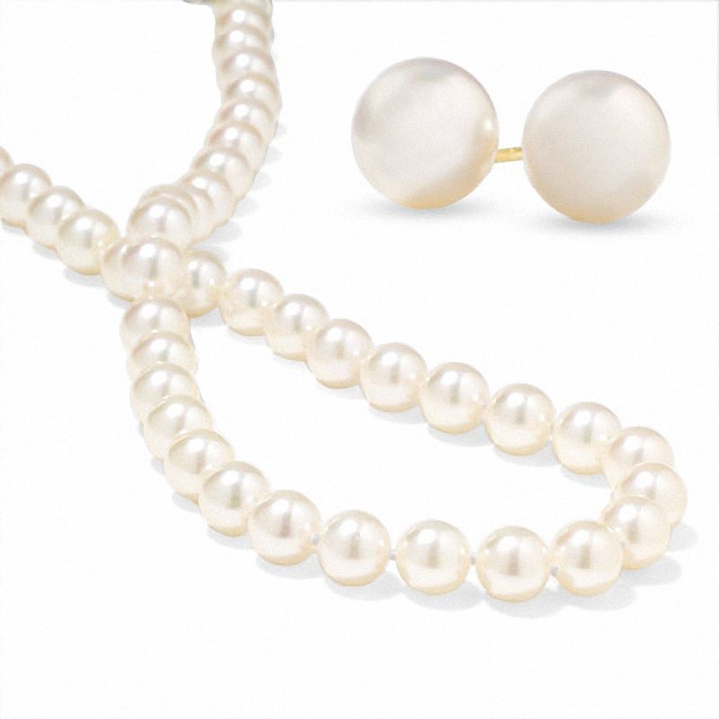 Blue Lagoon® by Mikimoto 7.5 - 8.0mm Cultured Akoya Pearl Strand Necklace and Stud Earrings Set in 14K Gold