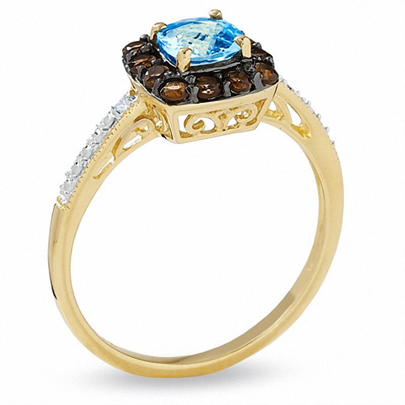 Main Image 2 of Cushion-Cut Blue Topaz and Smoky Quartz Ring in 10K Gold with Diamond Accents - Size 7