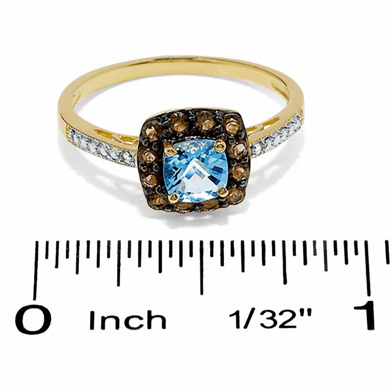 Main Image 3 of Cushion-Cut Blue Topaz and Smoky Quartz Ring in 10K Gold with Diamond Accents - Size 7