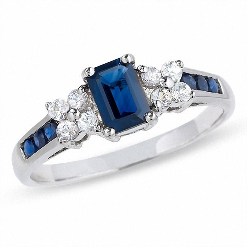 Emerald-Cut Blue and White Sapphire Ring in 14K White Gold