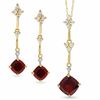 Thumbnail Image 0 of Cushion-Cut Garnet and White Topaz Kite-Shaped Pendant and Earrings Set in 14K Gold with Diamond Accents