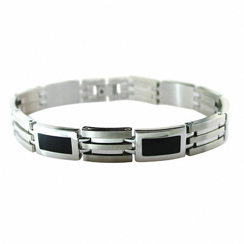 Men's Stainless Steel Bracelet with Black Resin Inlay|Peoples Jewellers
