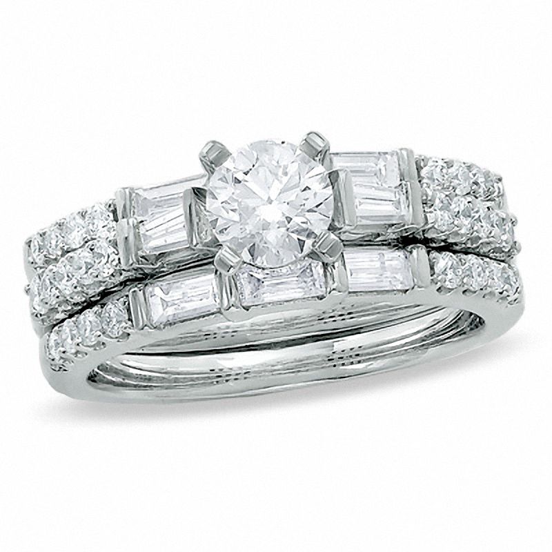 1.50 CT. T.W. Round and Baguette Diamond Three-Piece Bridal Set in 14K White Gold|Peoples Jewellers