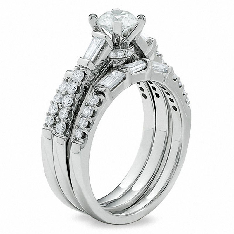 Main Image 2 of 1.50 CT. T.W. Round and Baguette Diamond Three-Piece Bridal Set in 14K White Gold