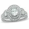 Thumbnail Image 0 of 1.50 CT. T.W. Certified Oval Diamond Three Stone Double Frame Ring in 14K White Gold