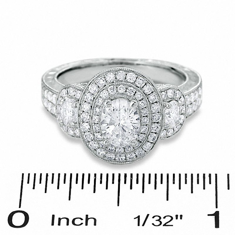 1.50 CT. T.W. Certified Oval Diamond Three Stone Double Frame Ring in 14K White Gold