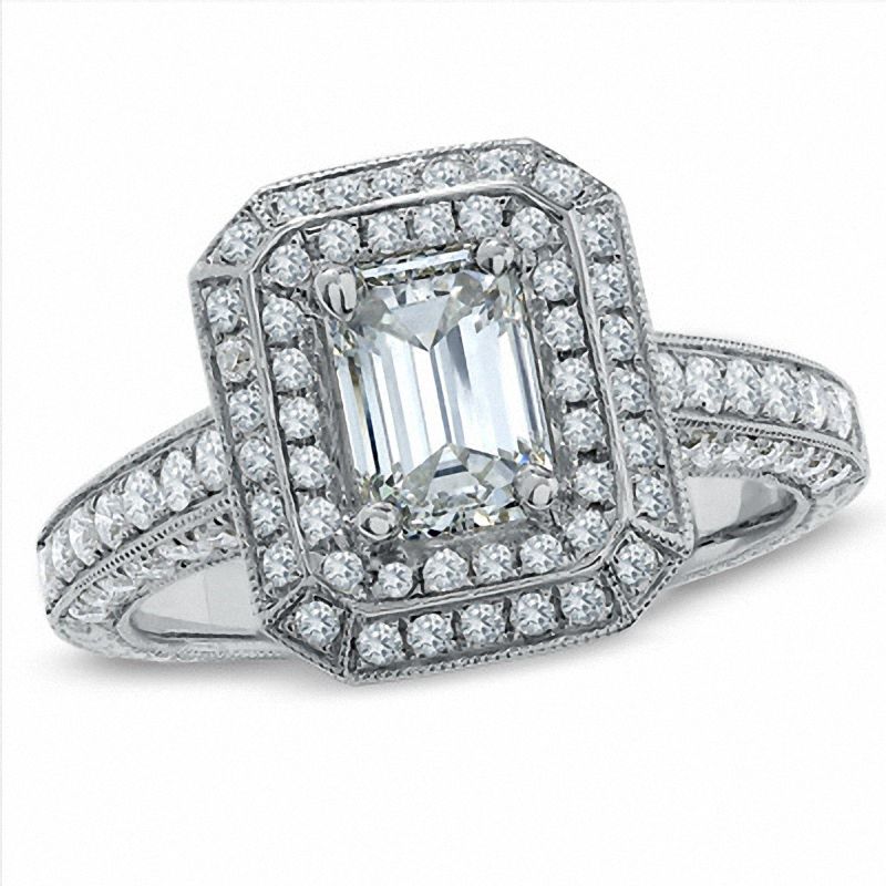 2.00 CT. T.W. Certified Framed Emerald-Cut Diamond Engagement Ring in 14K White Gold