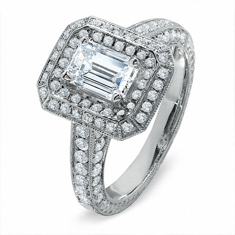 2.00 CT. T.W. Certified Framed Emerald-Cut Diamond Engagement Ring in 14K White Gold