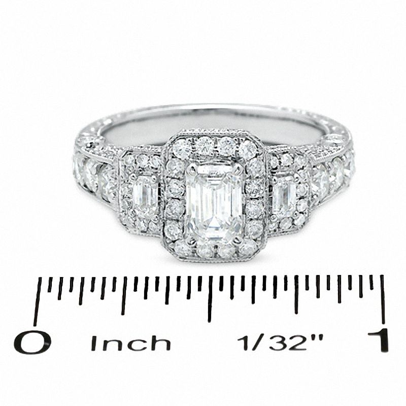 1.95 CT. T.W. Certified Framed Emerald-Cut Diamond Three Stone Ring in 14K White Gold