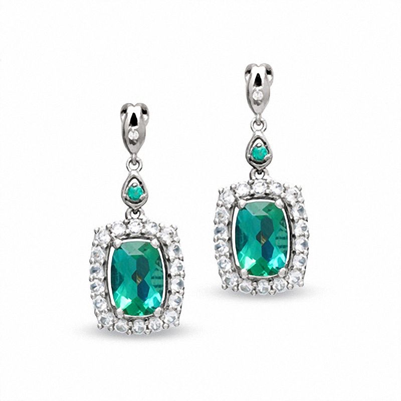 Main Image 1 of Cushion-Cut Lab-Created Emerald and White Sapphire Earrings in 14K White Gold with Diamond Accents