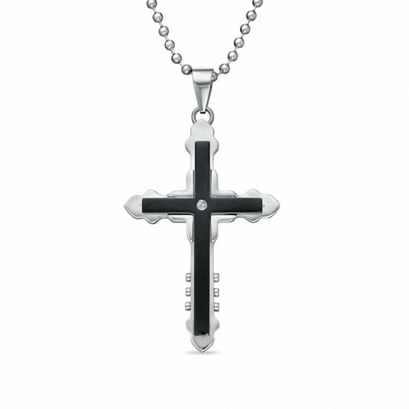 Main Image 1 of Men's Black IP Stainless Steel Cross Pendant with Diamond Accent