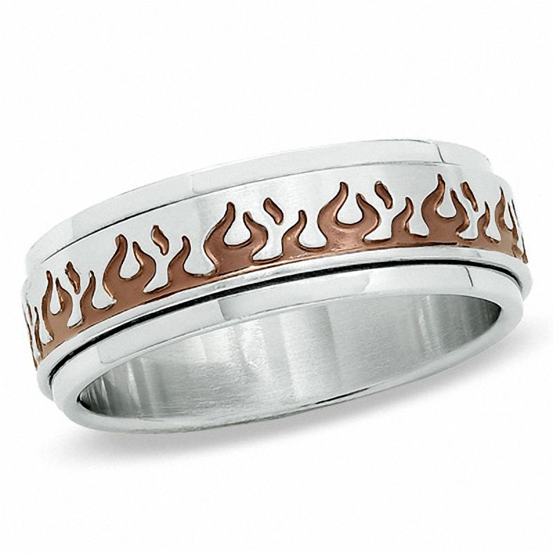 Men's Stainless Steel Ring with Brown IP Flames