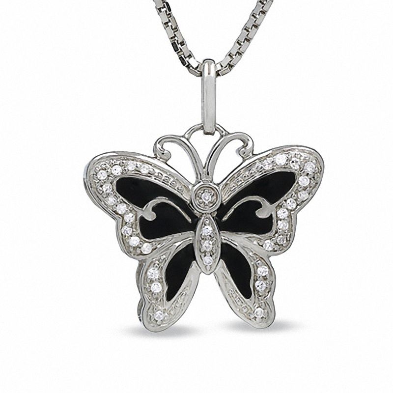 Diamond Accent Black Enamel Butterfly Pendant in Sterling Silver