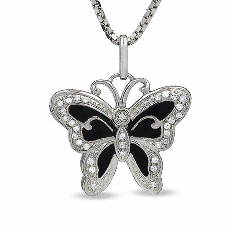 Diamond Accent Black Enamel Butterfly Pendant in Sterling Silver|Peoples Jewellers