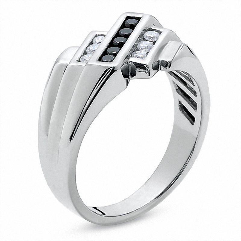 Main Image 2 of Men's 0.50 CT. T.W. Enhanced Black and White Diamond Slant Ring in 14K White Gold