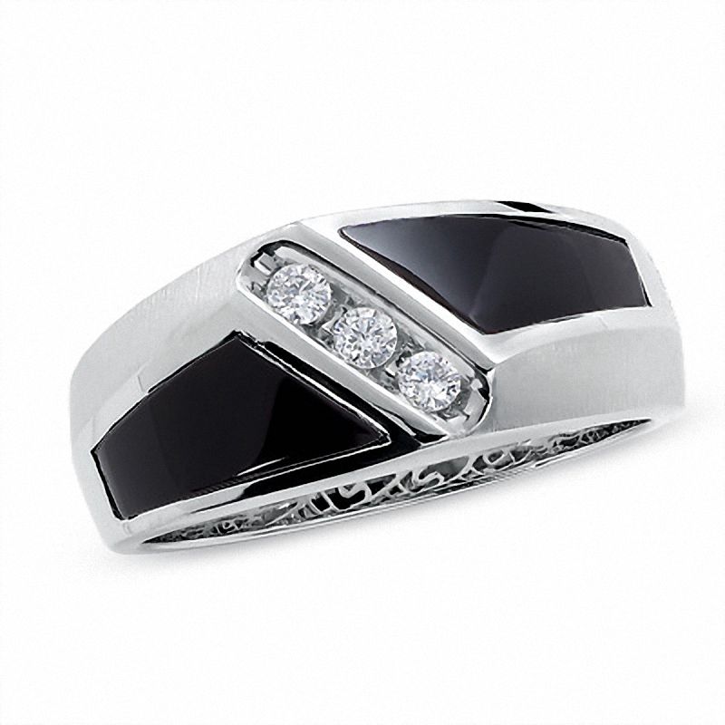 Main Image 1 of 0.15 CT. T.W. Square-Cut Diamond Three Stone and Onyx Slant Ring in 14K White Gold