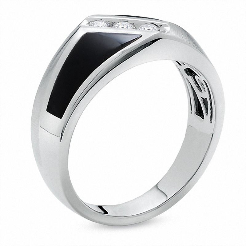 Men's 0.15 CT. T.W. Square-Cut Diamond Three Stone and Onyx Slant Ring in 14K White Gold|Peoples Jewellers