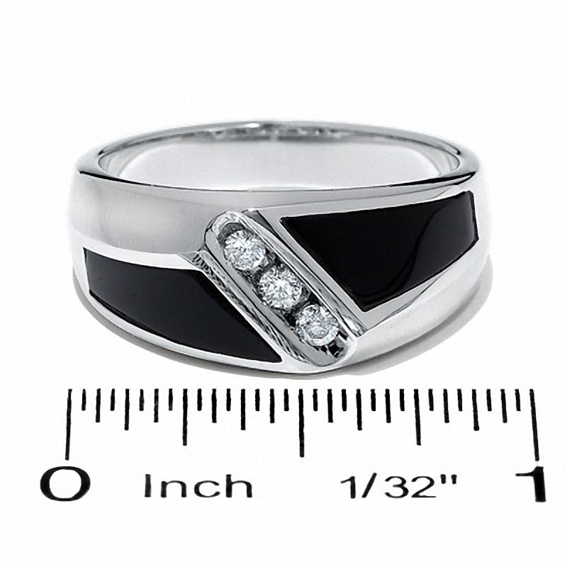 Main Image 3 of 0.15 CT. T.W. Square-Cut Diamond Three Stone and Onyx Slant Ring in 14K White Gold