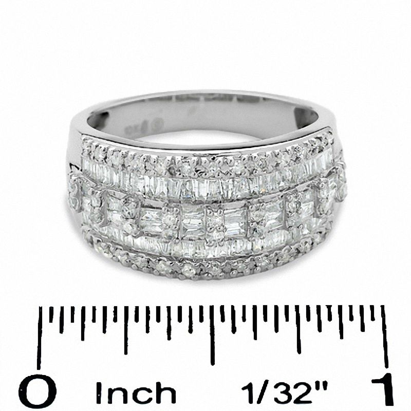 Main Image 2 of 1.00 CT. T.W. Baguette and Round Diamond Three Row Ring in 10K White Gold