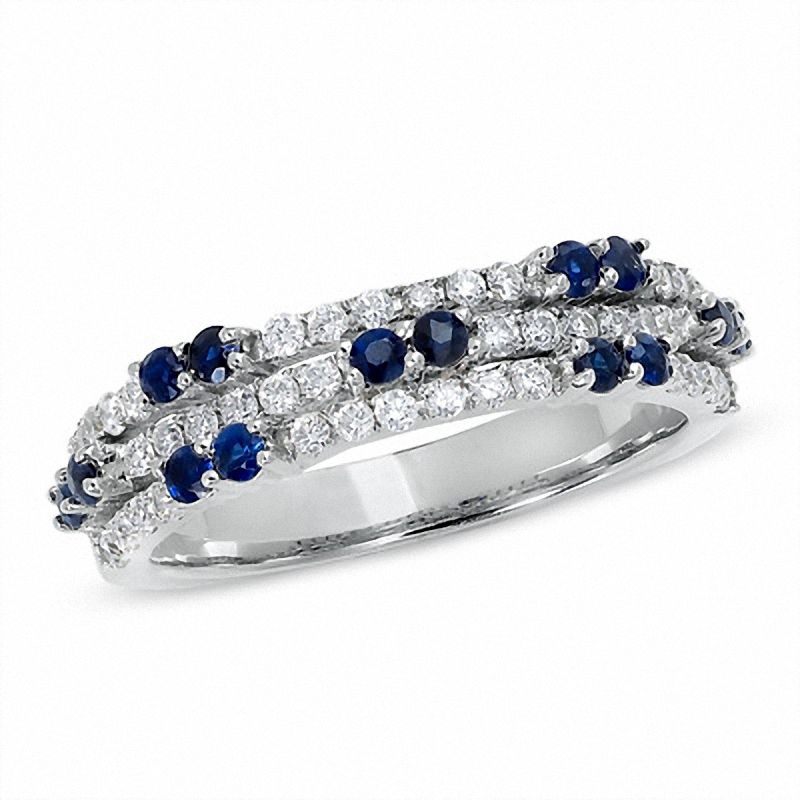 0.75 CT. T.W. Diamond and Blue Sapphire Band in 14K White Gold