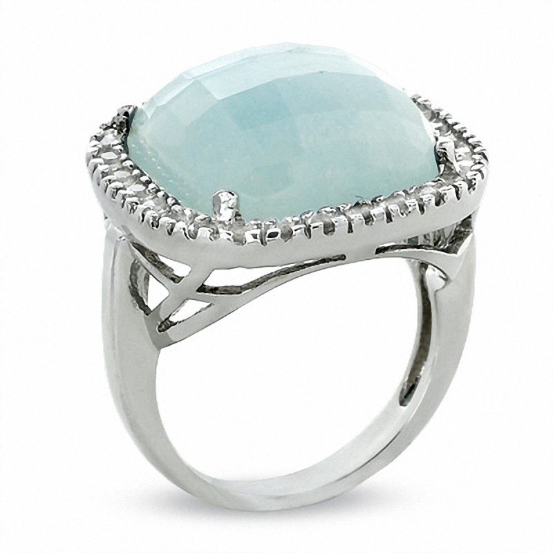 Cushion-Cut Blue Chalcedony Frame Ring in Sterling Silver with White Topaz Accents - Size 7