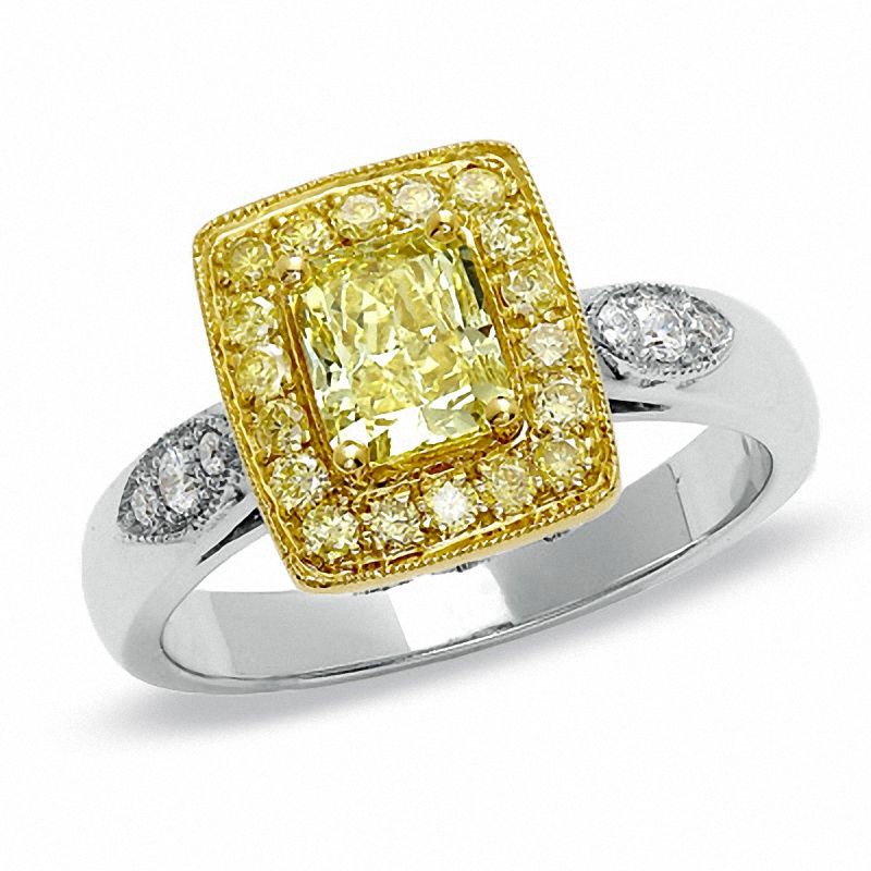 Main Image 1 of 1.29 CT. T.W. Certified Cushion-Cut Fancy Yellow Diamond Framed Ring in 18K White Gold
